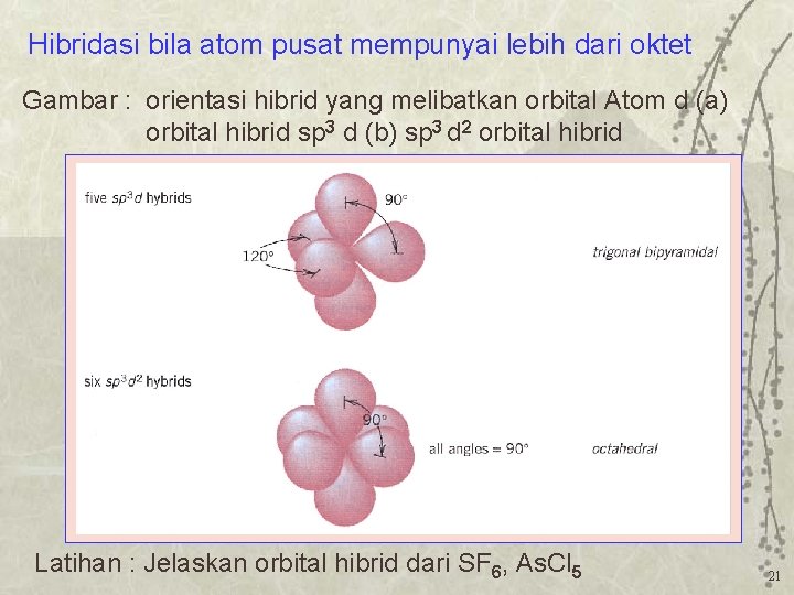 Hibridasi bila atom pusat mempunyai lebih dari oktet Gambar : orientasi hibrid yang melibatkan