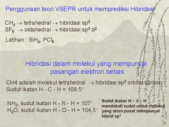 Penggunaan teori VSEPR untuk memprediksi Hibridasi CH 4 tetrahedral hibridasi sp 3 SF 6