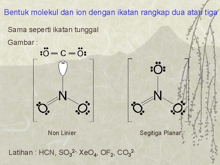 Bentuk molekul dan ion dengan ikatan rangkap dua atau tiga Sama seperti ikatan tunggal