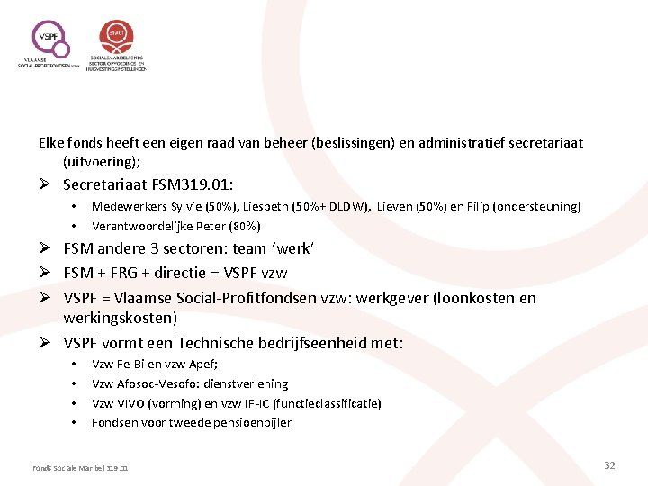 Elke fonds heeft een eigen raad van beheer (beslissingen) en administratief secretariaat (uitvoering); Ø