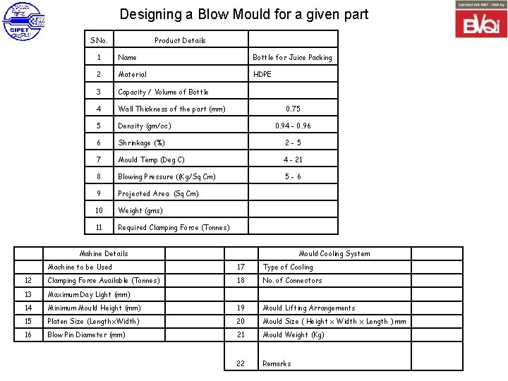 Designing a Blow Mould for a given part S. No. Product Details 1 Name