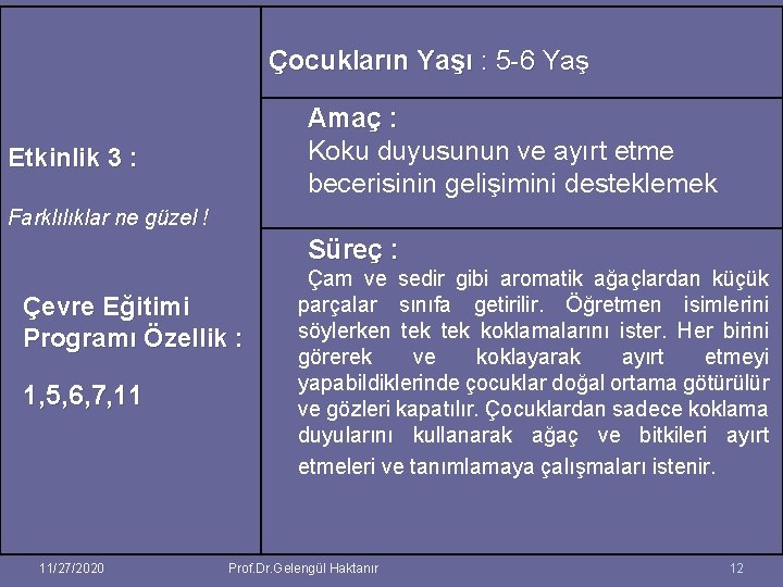 Çocukların Yaşı : 5 -6 Yaş Amaç : Koku duyusunun ve ayırt etme becerisinin