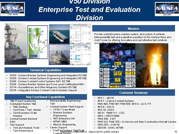 V 50 Division Enterprise Test and Evaluation Division Mission Provide combat system, warfare system,