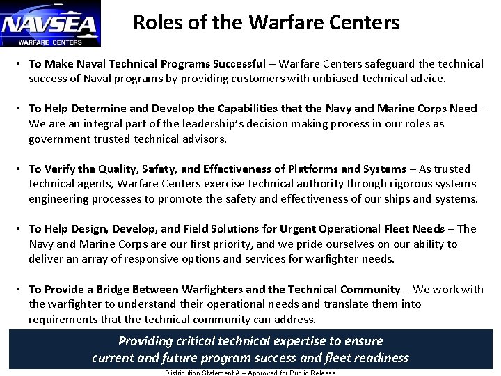 Roles of the Warfare Centers • To Make Naval Technical Programs Successful – Warfare