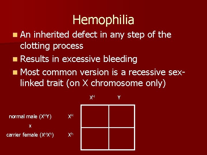 Hemophilia n An inherited defect in any step of the clotting process n Results