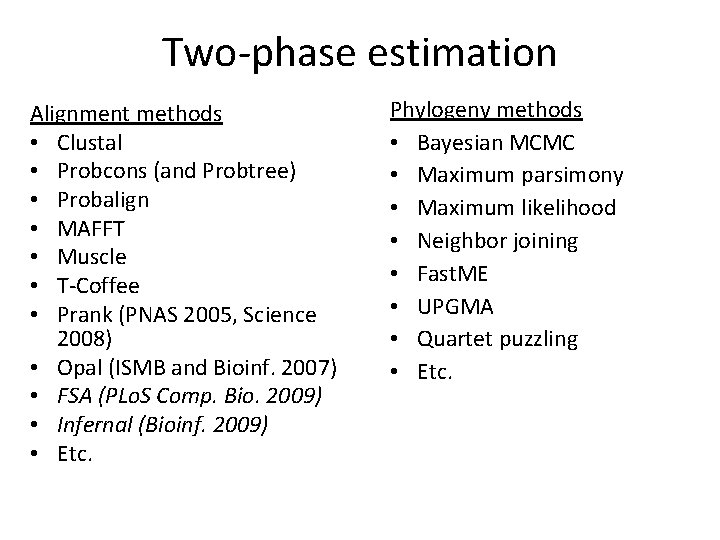 Two-phase estimation Alignment methods • Clustal • Probcons (and Probtree) • Probalign • MAFFT