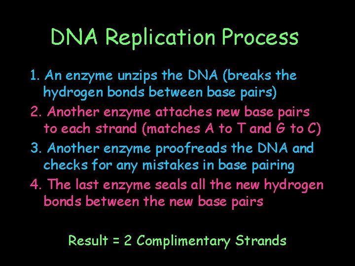 DNA Replication Process 1. An enzyme unzips the DNA (breaks the hydrogen bonds between