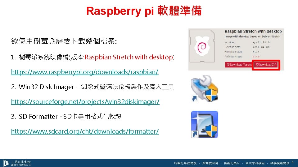 Raspberry pi 軟體準備 欲使用樹莓派需要下載幾個檔案: 1. 樹莓派系統映像檔(版本: Raspbian Stretch with desktop) https: //www. raspberrypi. org/downloads/raspbian/