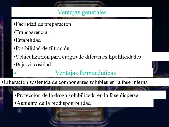 Ventajas generales • Facilidad de preparación • Transparencia • Estabilidad • Posibilidad de filtración