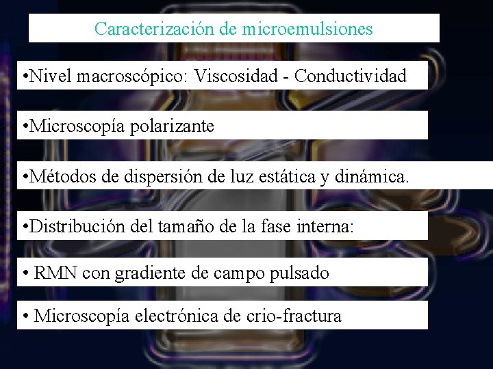 Caracterización de microemulsiones • Nivel macroscópico: Viscosidad - Conductividad • Microscopía polarizante • Métodos