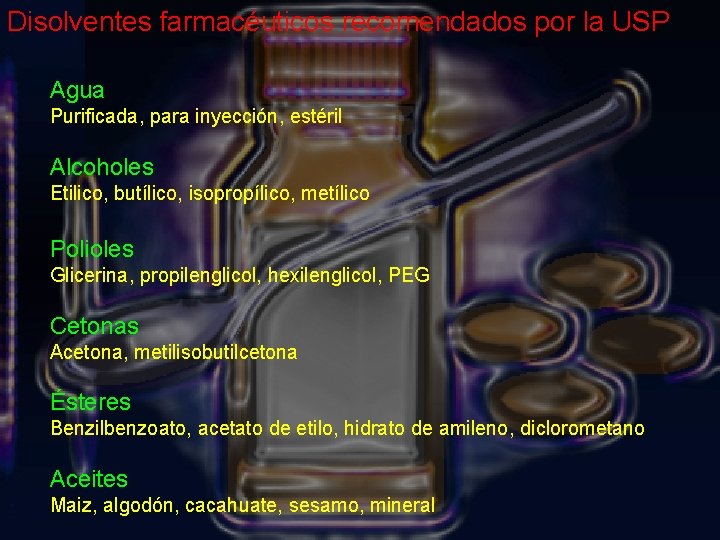 Disolventes farmacéuticos recomendados por la USP Agua Purificada, para inyección, estéril Alcoholes Etilico, butílico,