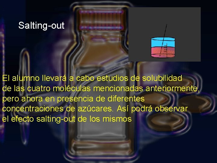 Salting-out El alumno llevará a cabo estudios de solubilidad de las cuatro moléculas mencionadas