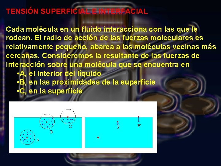 TENSIÓN SUPERFICIAL E INTERFACIAL Cada molécula en un fluido interacciona con las que le