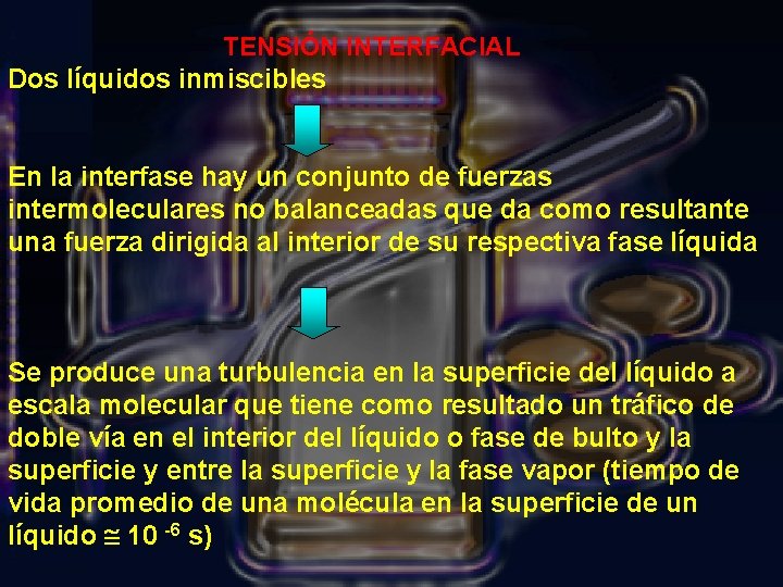 TENSIÓN INTERFACIAL Dos líquidos inmiscibles En la interfase hay un conjunto de fuerzas intermoleculares