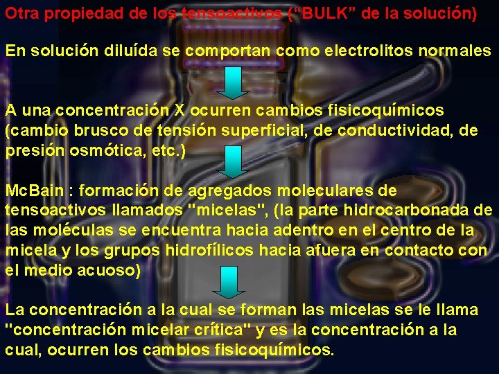 Otra propiedad de los tensoactivos (“BULK” de la solución) En solución diluída se comportan