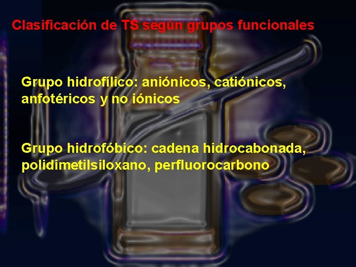 Clasificación de TS según grupos funcionales Grupo hidrofílico: aniónicos, catiónicos, anfotéricos y no iónicos