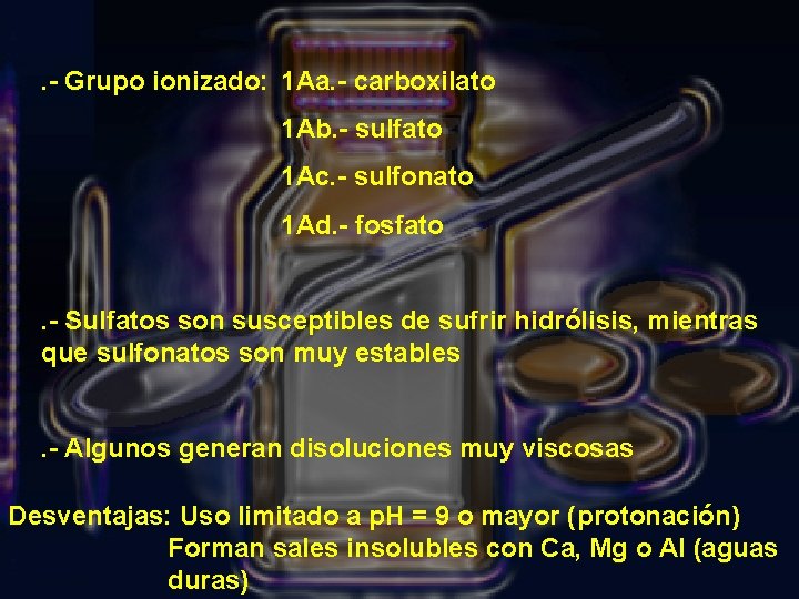 . - Grupo ionizado: 1 Aa. - carboxilato 1 Ab. - sulfato 1 Ac.