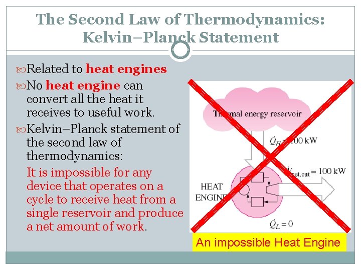 The Second Law of Thermodynamics: Kelvin–Planck Statement Related to heat engines No heat engine