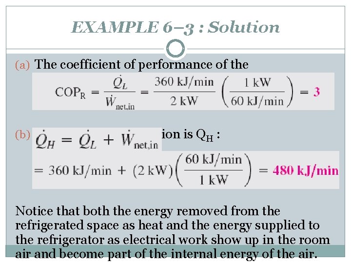 EXAMPLE 6– 3 : Solution (a) The coefficient of performance of the refrigerator is:
