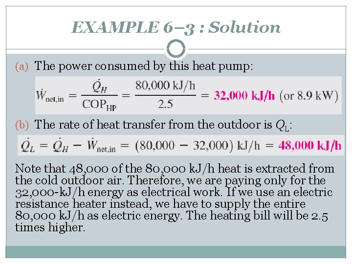 EXAMPLE 6– 3 : Solution (a) The power consumed by this heat pump: (b)