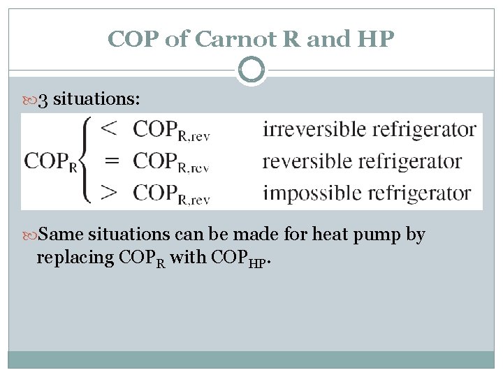 COP of Carnot R and HP 3 situations: Same situations can be made for
