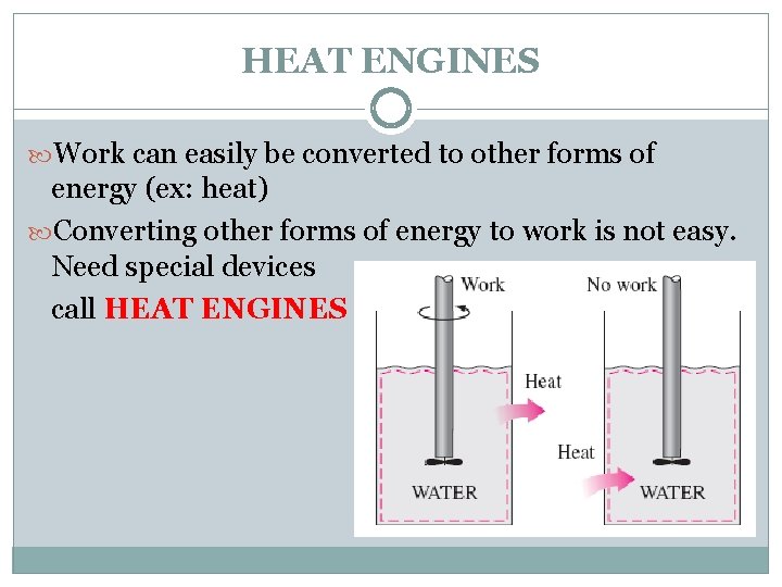 HEAT ENGINES Work can easily be converted to other forms of energy (ex: heat)