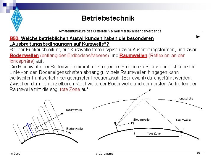 Betriebstechnik Amateurfunkkurs des Österreichischen Versuchssenderverbands ► B 50. Welche betrieblichen Auswirkungen haben die besonderen