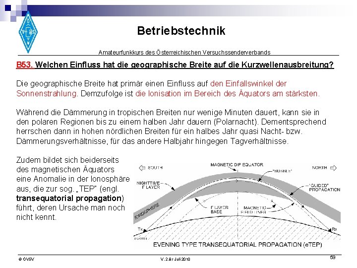 Betriebstechnik Amateurfunkkurs des Österreichischen Versuchssenderverbands B 53. Welchen Einfluss hat die geographische Breite auf