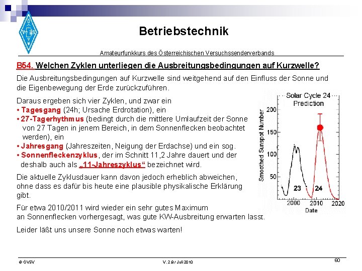 Betriebstechnik Amateurfunkkurs des Österreichischen Versuchssenderverbands B 54. Welchen Zyklen unterliegen die Ausbreitungsbedingungen auf Kurzwelle?