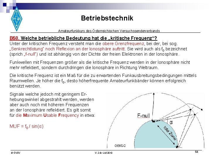 Betriebstechnik Amateurfunkkurs des Österreichischen Versuchssenderverbands B 58. Welche betriebliche Bedeutung hat die „kritische Frequenz“?