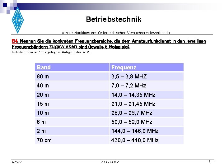 Betriebstechnik Amateurfunkkurs des Österreichischen Versuchssenderverbands B 4. Nennen Sie die konkreten Frequenzbereiche, die dem