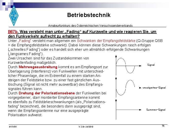 Betriebstechnik Amateurfunkkurs des Österreichischen Versuchssenderverbands B 67 b. Was versteht man unter „Fading“ auf