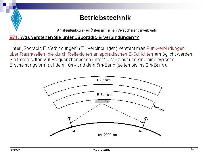 Betriebstechnik Amateurfunkkurs des Österreichischen Versuchssenderverbands B 71. Was verstehen Sie unter „Sporadic-E-Verbindungen“? Unter „Sporadic-E-Verbindungen“
