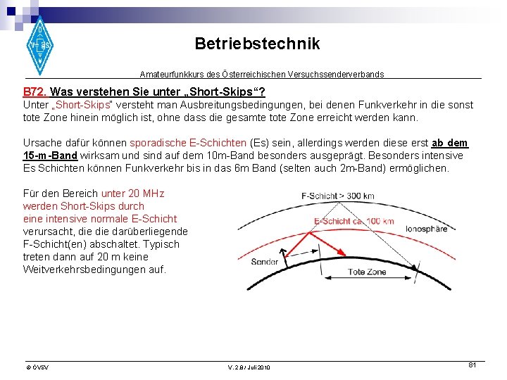 Betriebstechnik Amateurfunkkurs des Österreichischen Versuchssenderverbands B 72. Was verstehen Sie unter „Short-Skips“? Unter „Short-Skips“