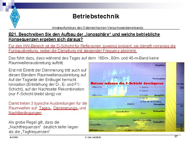 Betriebstechnik Amateurfunkkurs des Österreichischen Versuchssenderverbands B 21. Beschreiben Sie den Aufbau der „lonosphäre“ und