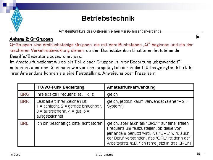 Betriebstechnik Amateurfunkkurs des Österreichischen Versuchssenderverbands ► Anhang 2: Q-Gruppen sind dreibuchstabige Gruppen, die mit