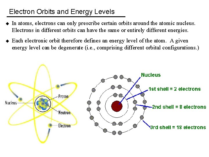 Electron Orbits and Energy Levels u In atoms, electrons can only prescribe certain orbits