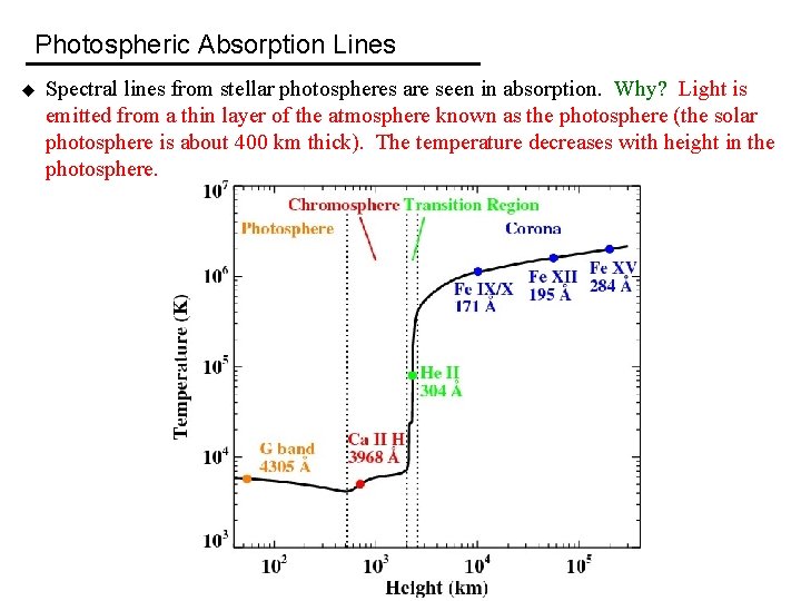 Photospheric Absorption Lines u Spectral lines from stellar photospheres are seen in absorption. Why?