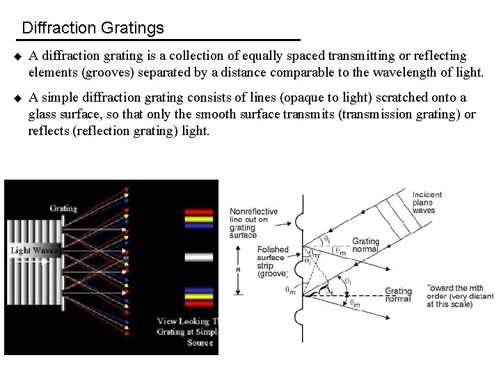 Diffraction Gratings u A diffraction grating is a collection of equally spaced transmitting or