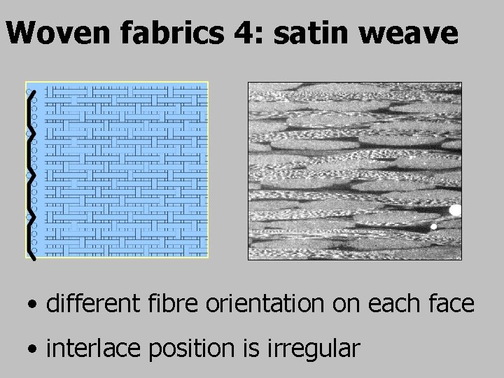 Woven fabrics 4: satin weave • different fibre orientation on each face • interlace