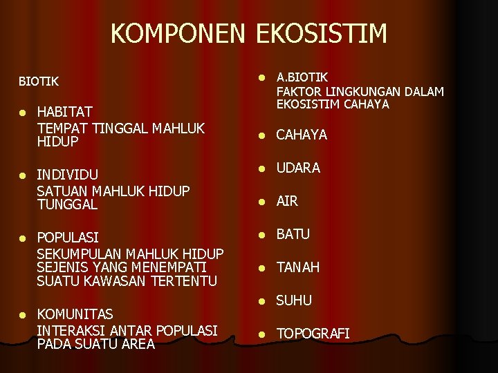 KOMPONEN EKOSISTIM l A. BIOTIK FAKTOR LINGKUNGAN DALAM EKOSISTIM CAHAYA l CAHAYA INDIVIDU SATUAN