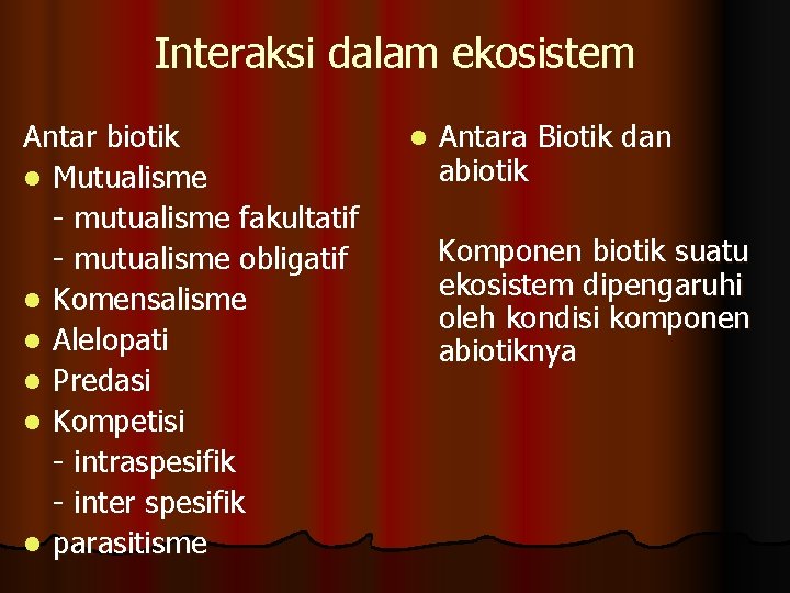 Interaksi dalam ekosistem Antar biotik l Mutualisme - mutualisme fakultatif - mutualisme obligatif l