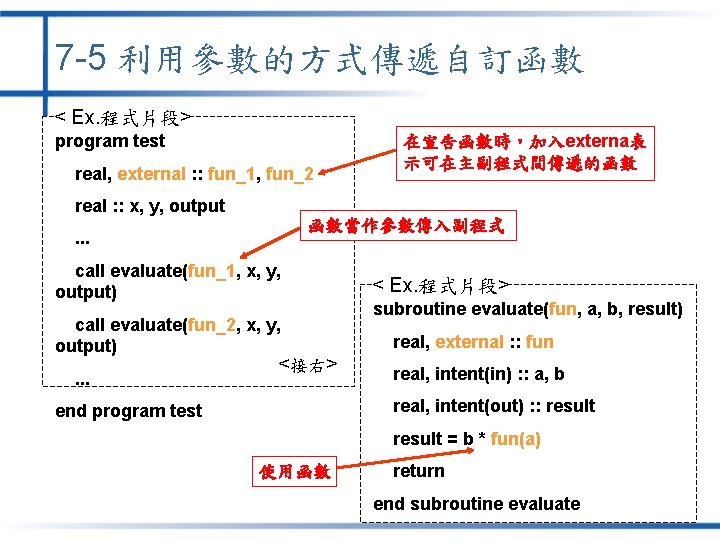 7 -5 利用參數的方式傳遞自訂函數 < Ex. 程式片段> program test real, external : : fun_1, fun_2 7 -5 利用參數的方式傳遞自訂函數 < Ex. 程式片段> program test real, external : : fun_1, fun_2
