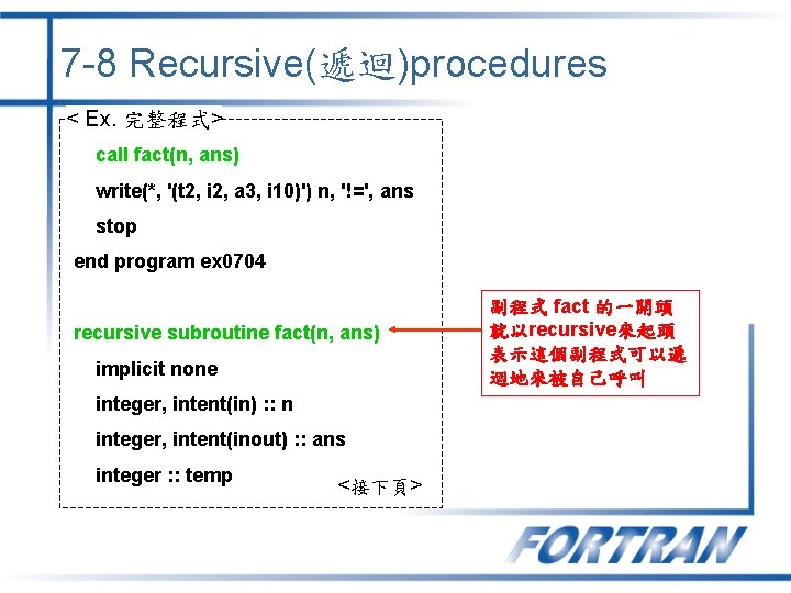 7 -8 Recursive(遞迴)procedures < Ex. 完整程式> call fact(n, ans) write(*, '(t 2, i 2,