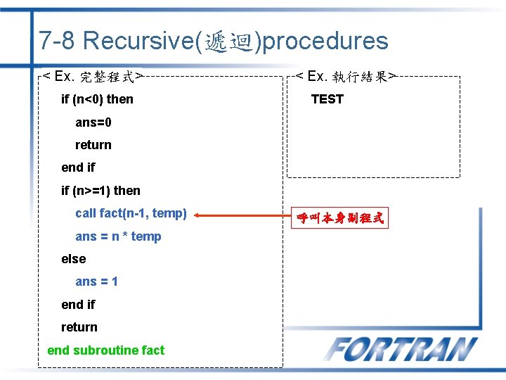 7 -8 Recursive(遞迴)procedures < Ex. 完整程式> if (n<0) then < Ex. 執行結果> TEST ans=0 7 -8 Recursive(遞迴)procedures < Ex. 完整程式> if (n<0) then < Ex. 執行結果> TEST ans=0