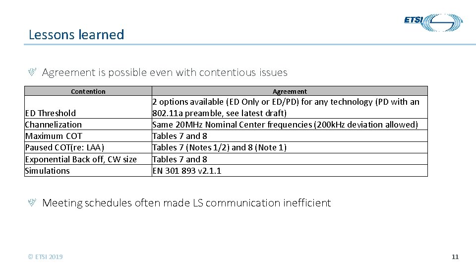 Lessons learned Agreement is possible even with contentious issues Contention ED Threshold Channelization Maximum