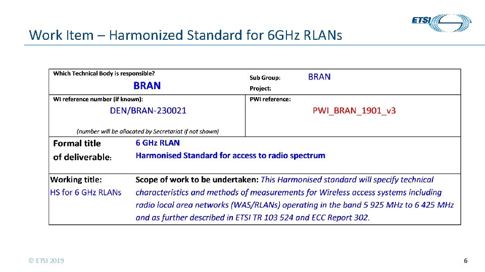 Work Item – Harmonized Standard for 6 GHz RLANs © ETSI 2019 6 