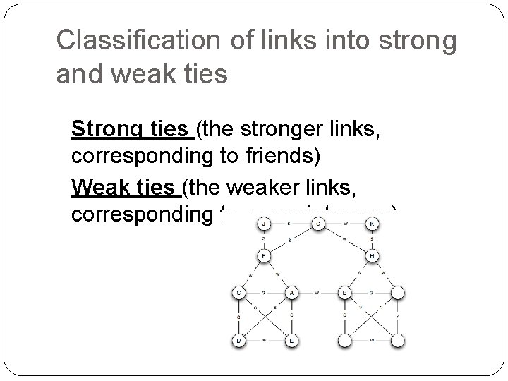 Classification of links into strong and weak ties Strong ties (the stronger links, corresponding