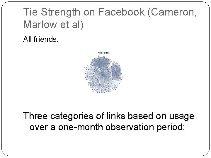 Tie Strength on Facebook (Cameron, Marlow et al) All friends: Three categories of links