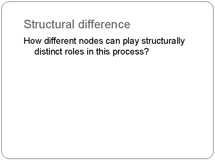 Structural difference How different nodes can play structurally distinct roles in this process? 